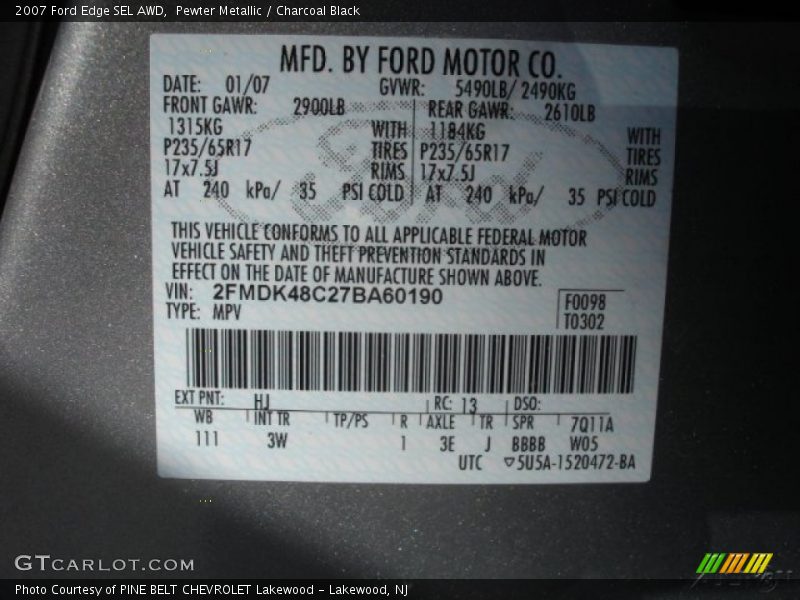 Pewter Metallic / Charcoal Black 2007 Ford Edge SEL AWD