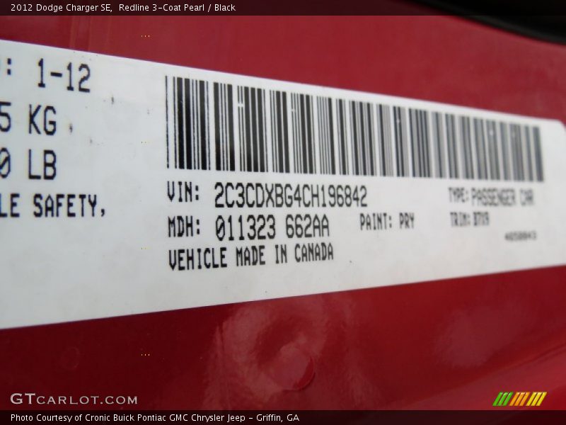 Redline 3-Coat Pearl / Black 2012 Dodge Charger SE