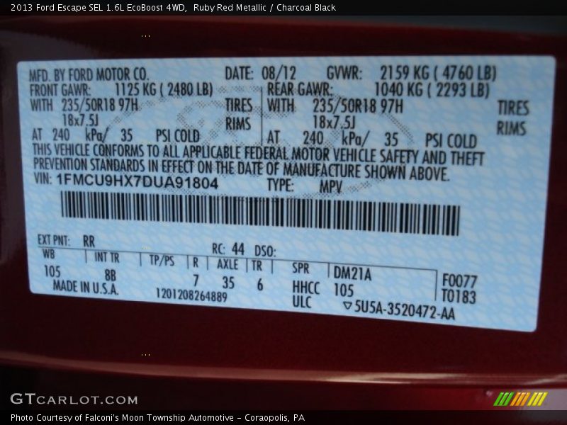 Ruby Red Metallic / Charcoal Black 2013 Ford Escape SEL 1.6L EcoBoost 4WD