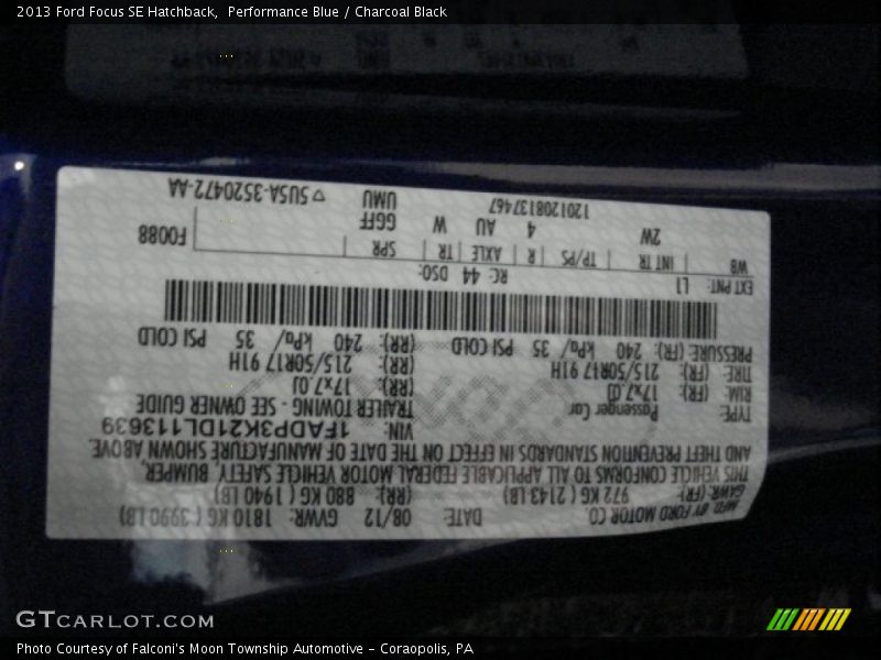 2013 Focus SE Hatchback Performance Blue Color Code L1