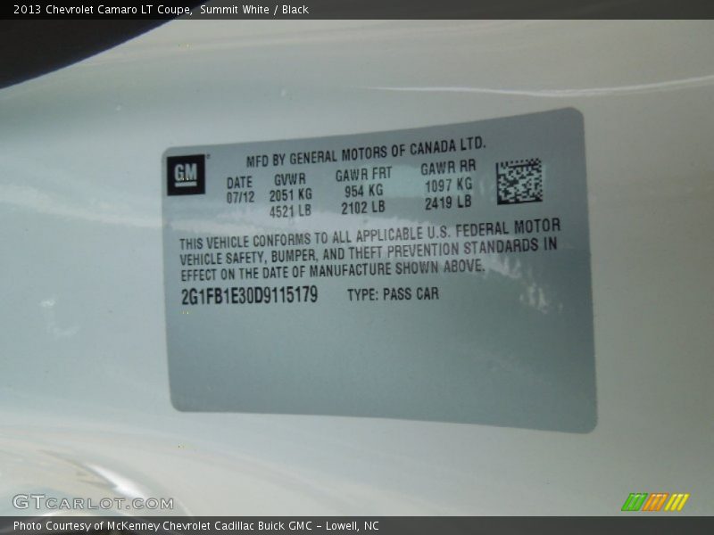 Summit White / Black 2013 Chevrolet Camaro LT Coupe