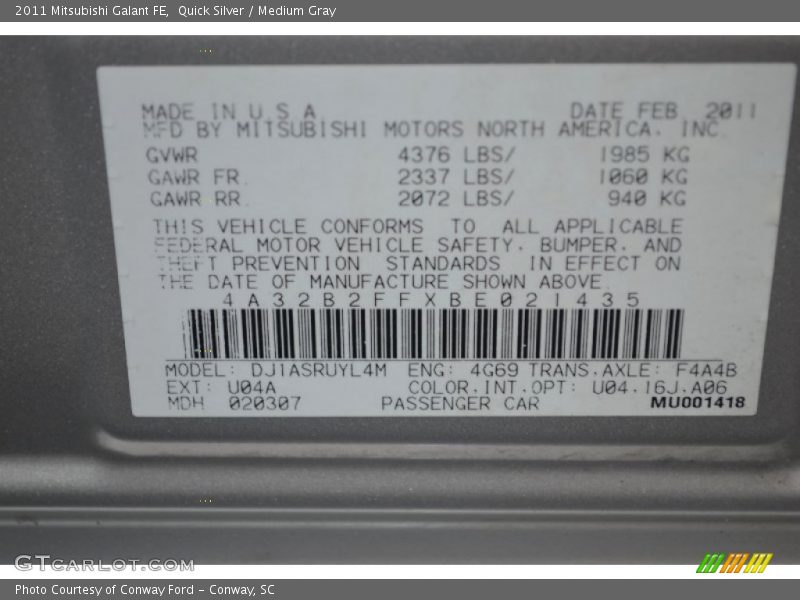 Quick Silver / Medium Gray 2011 Mitsubishi Galant FE