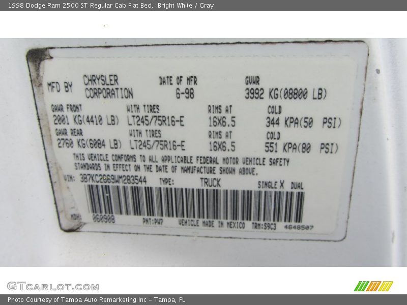 Bright White / Gray 1998 Dodge Ram 2500 ST Regular Cab Flat Bed