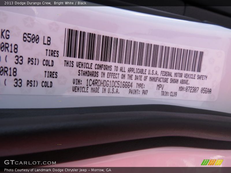 2013 Durango Crew Bright White Color Code PW7