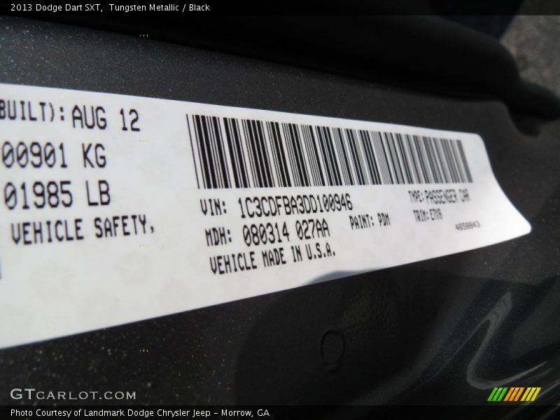 2013 Dart SXT Tungsten Metallic Color Code PDM