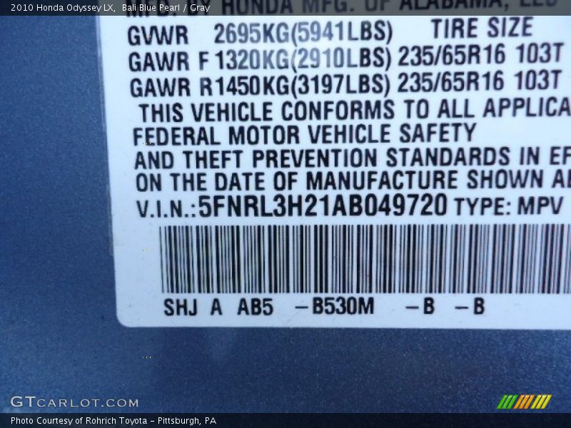 Bali Blue Pearl / Gray 2010 Honda Odyssey LX
