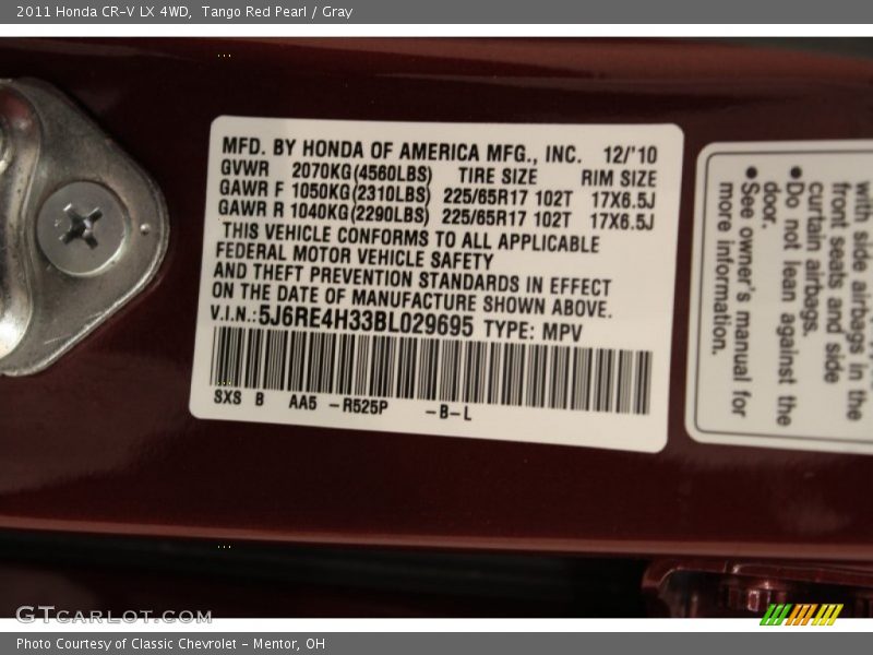 Tango Red Pearl / Gray 2011 Honda CR-V LX 4WD