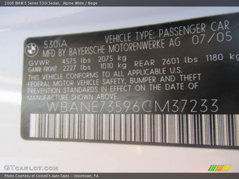 Alpine White / Beige 2006 BMW 5 Series 530i Sedan