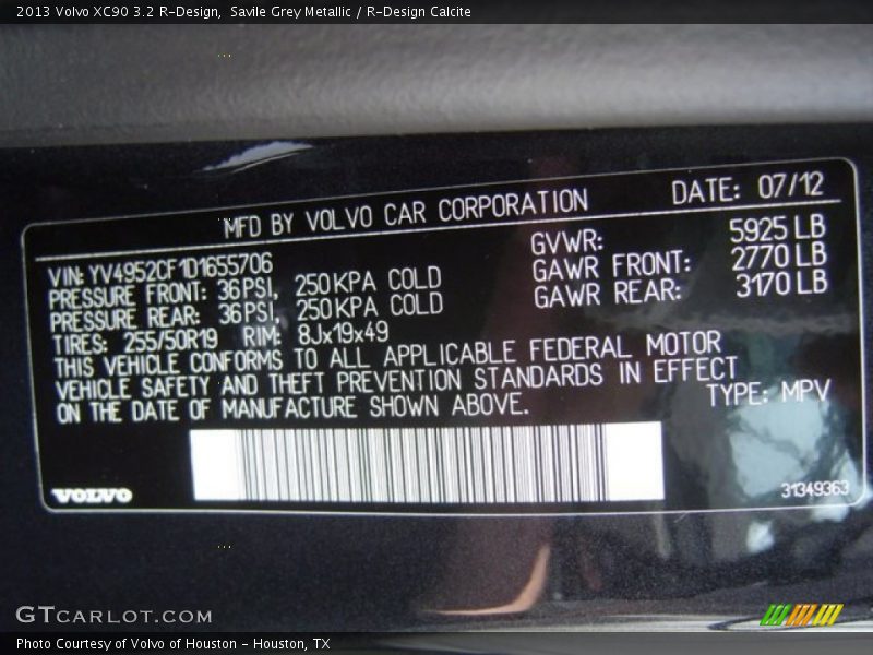 Savile Grey Metallic / R-Design Calcite 2013 Volvo XC90 3.2 R-Design