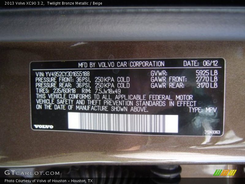 Twilight Bronze Metallic / Beige 2013 Volvo XC90 3.2