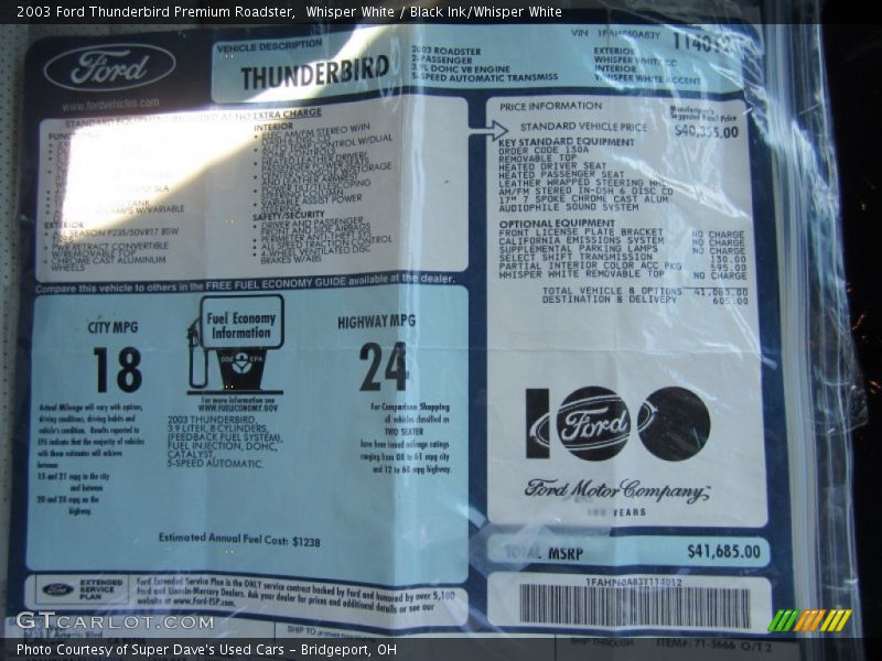  2003 Thunderbird Premium Roadster Window Sticker