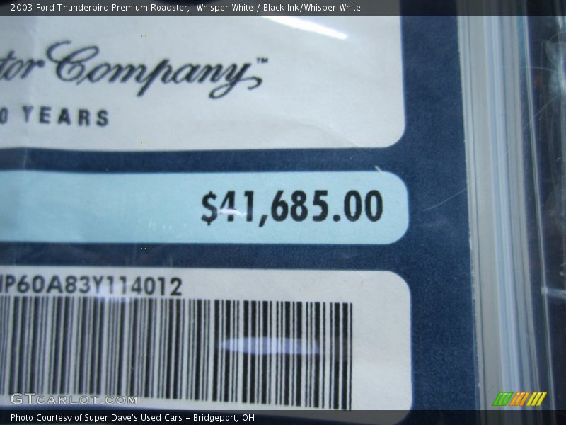  2003 Thunderbird Premium Roadster Window Sticker