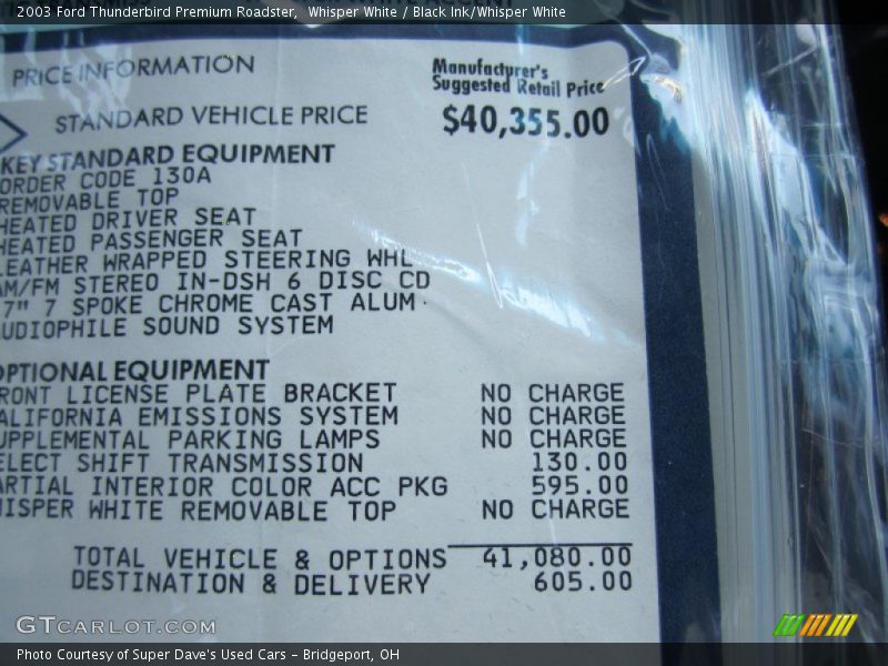  2003 Thunderbird Premium Roadster Window Sticker