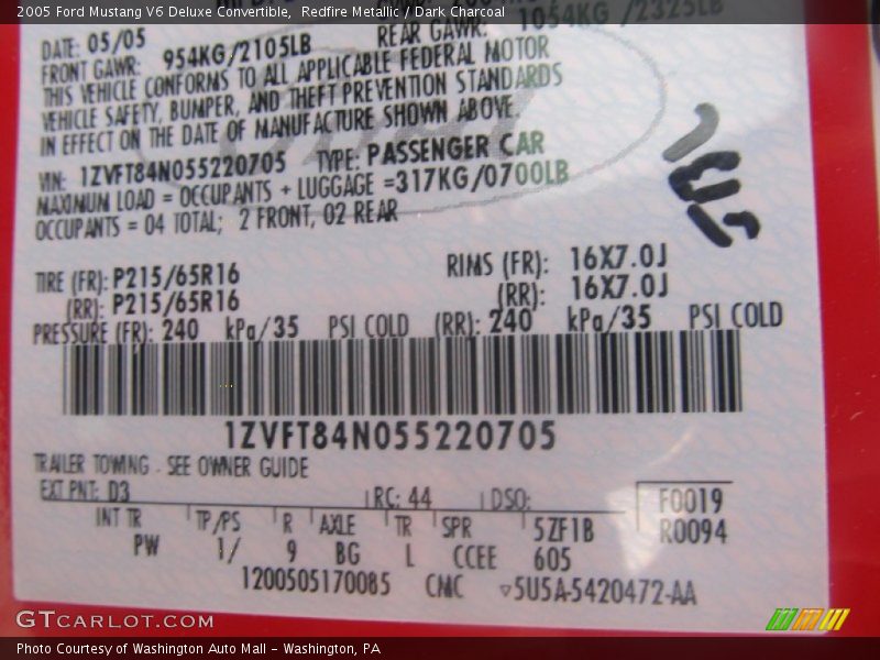 Redfire Metallic / Dark Charcoal 2005 Ford Mustang V6 Deluxe Convertible