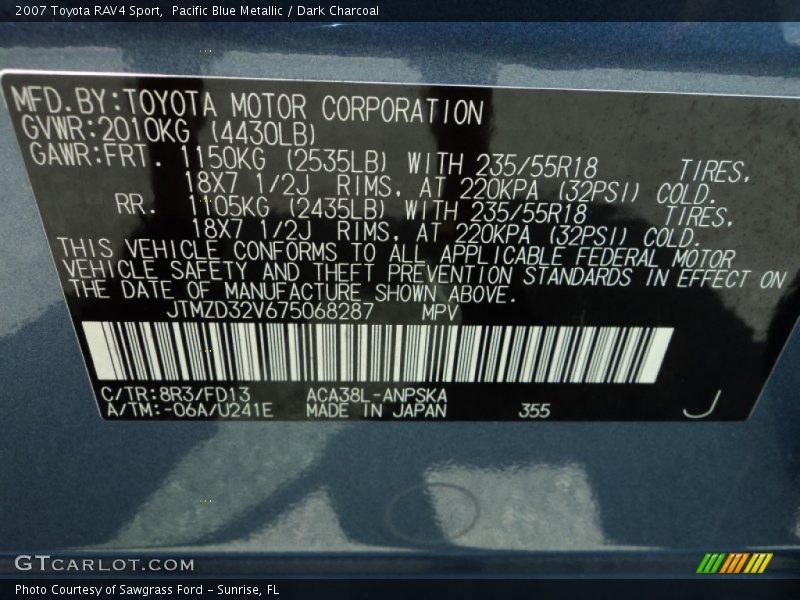 Pacific Blue Metallic / Dark Charcoal 2007 Toyota RAV4 Sport