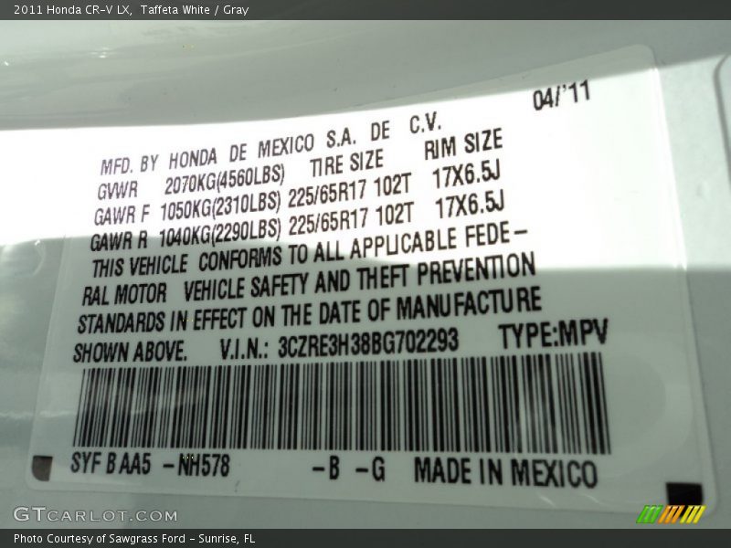 Taffeta White / Gray 2011 Honda CR-V LX