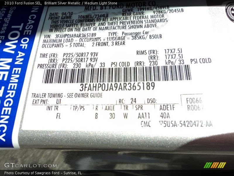 Brilliant Silver Metallic / Medium Light Stone 2010 Ford Fusion SEL