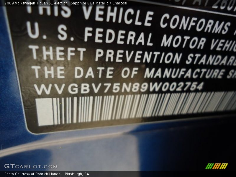 Sapphire Blue Metallic / Charcoal 2009 Volkswagen Tiguan SE 4Motion