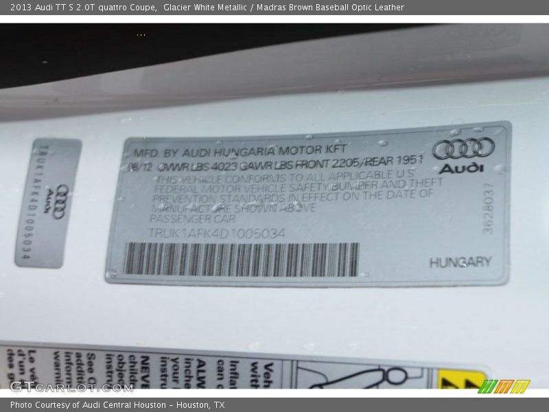 Info Tag of 2013 TT S 2.0T quattro Coupe