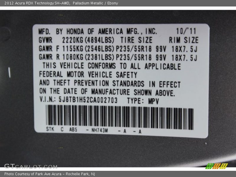 2012 RDX Technology SH-AWD Palladium Metallic Color Code NH743M