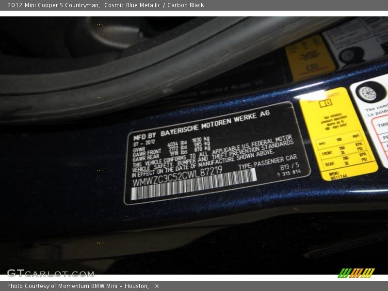 Cosmic Blue Metallic / Carbon Black 2012 Mini Cooper S Countryman