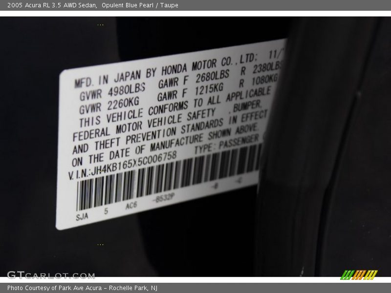 2005 RL 3.5 AWD Sedan Opulent Blue Pearl Color Code B532P