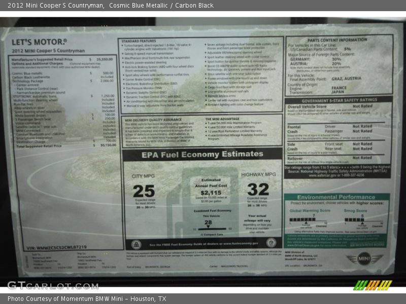Cosmic Blue Metallic / Carbon Black 2012 Mini Cooper S Countryman