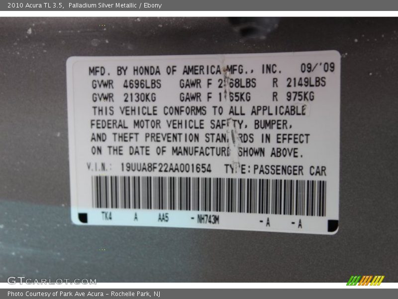 Palladium Silver Metallic / Ebony 2010 Acura TL 3.5