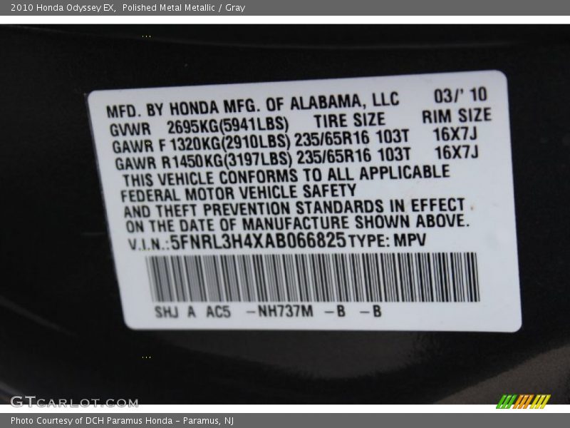 Polished Metal Metallic / Gray 2010 Honda Odyssey EX