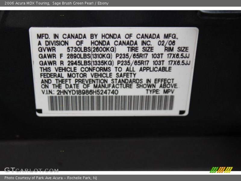 Sage Brush Green Pearl / Ebony 2006 Acura MDX Touring