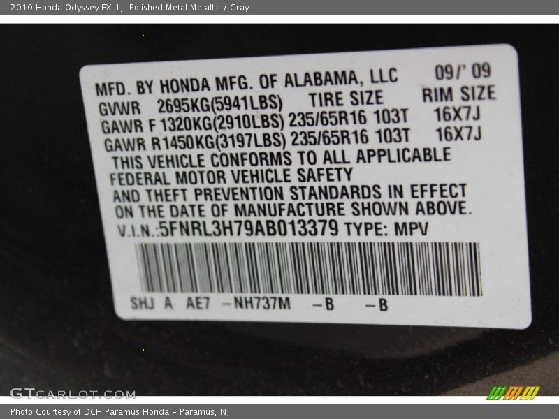 Polished Metal Metallic / Gray 2010 Honda Odyssey EX-L