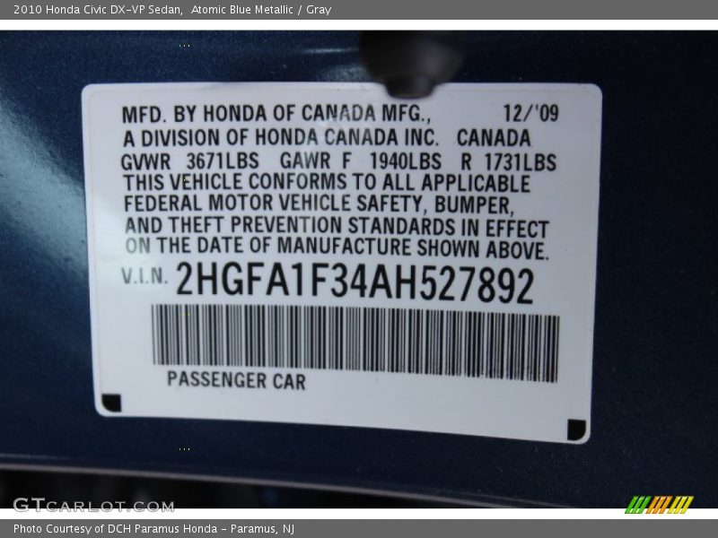 Atomic Blue Metallic / Gray 2010 Honda Civic DX-VP Sedan