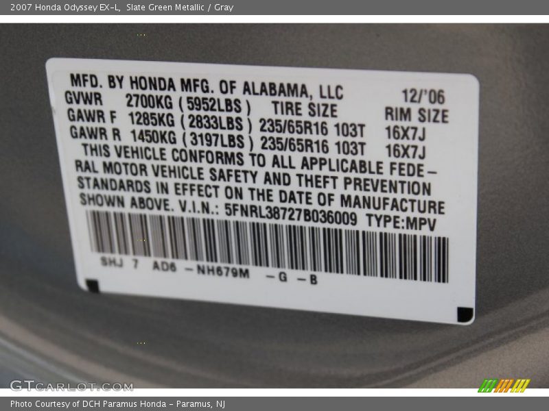 Slate Green Metallic / Gray 2007 Honda Odyssey EX-L