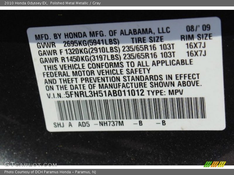 Polished Metal Metallic / Gray 2010 Honda Odyssey EX