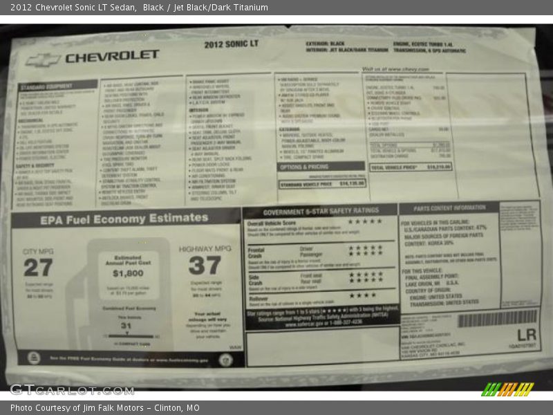  2012 Sonic LT Sedan Window Sticker