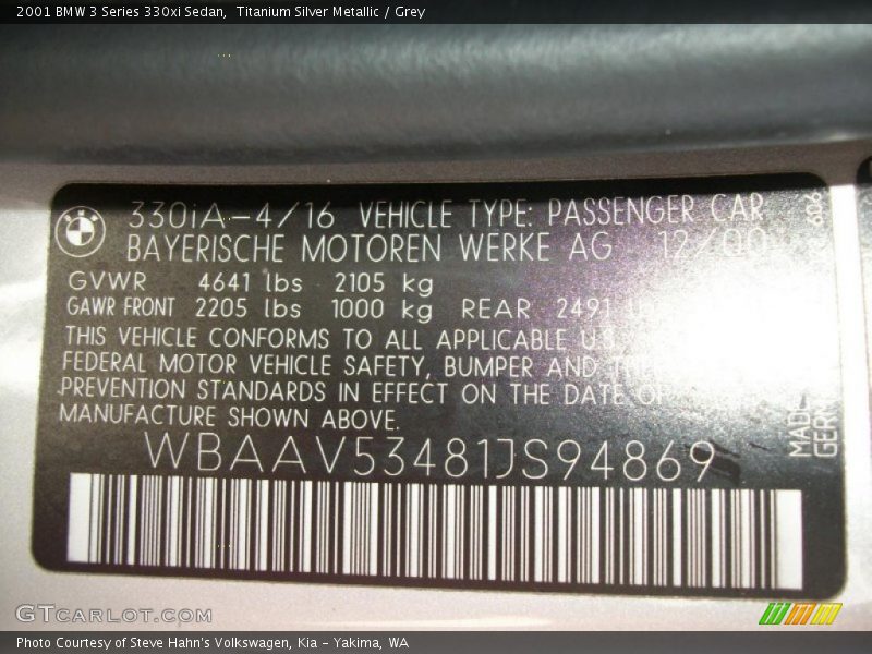 Info Tag of 2001 3 Series 330xi Sedan