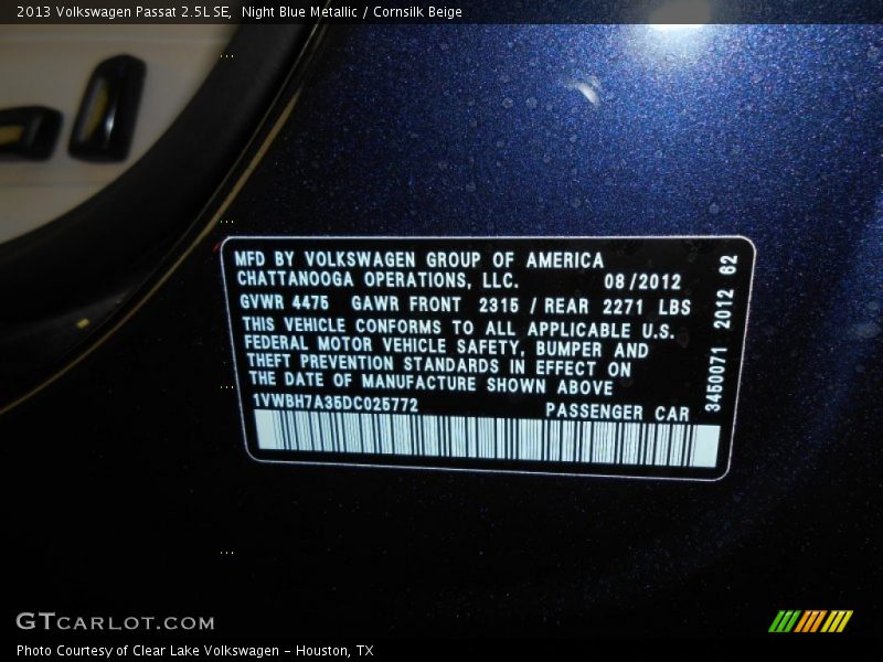 Night Blue Metallic / Cornsilk Beige 2013 Volkswagen Passat 2.5L SE