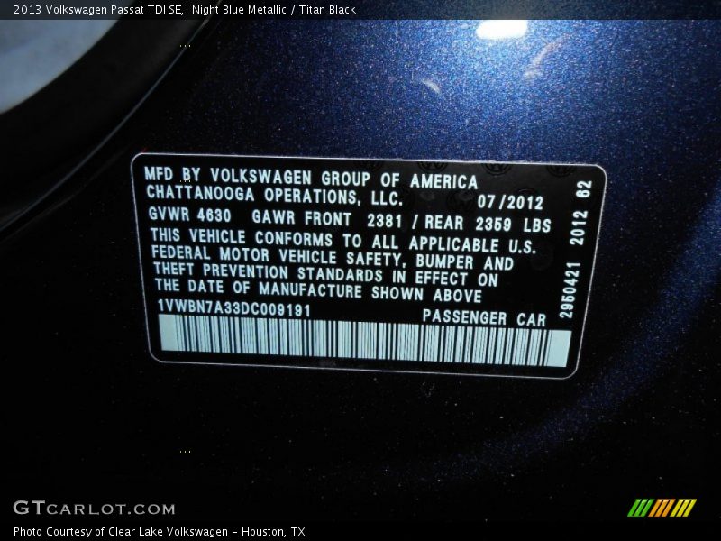 Night Blue Metallic / Titan Black 2013 Volkswagen Passat TDI SE