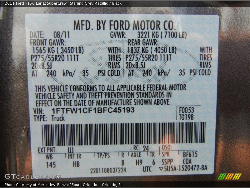2011 F150 Lariat SuperCrew Sterling Grey Metallic Color Code UJ