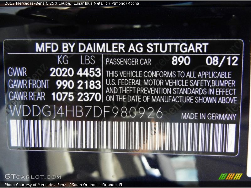 Lunar Blue Metallic / Almond/Mocha 2013 Mercedes-Benz C 250 Coupe