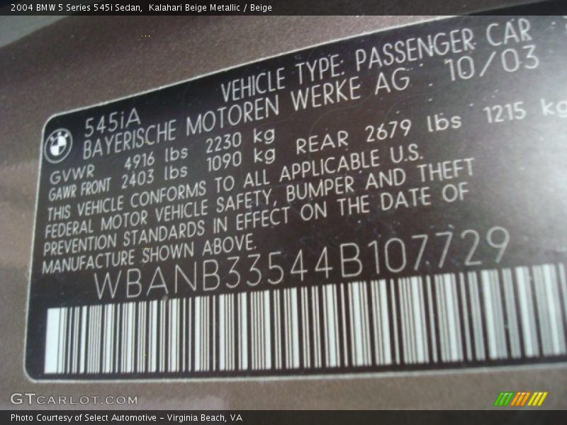 Kalahari Beige Metallic / Beige 2004 BMW 5 Series 545i Sedan