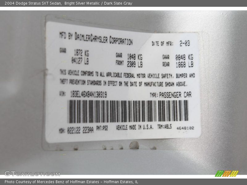 2004 Stratus SXT Sedan Bright Silver Metallic Color Code PS2
