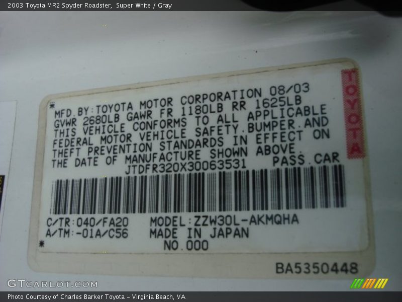 Super White / Gray 2003 Toyota MR2 Spyder Roadster