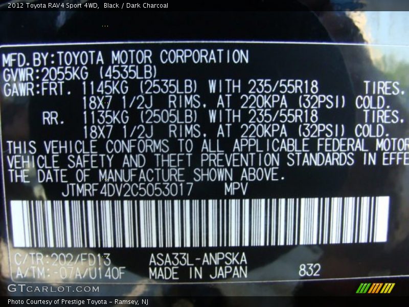 Black / Dark Charcoal 2012 Toyota RAV4 Sport 4WD