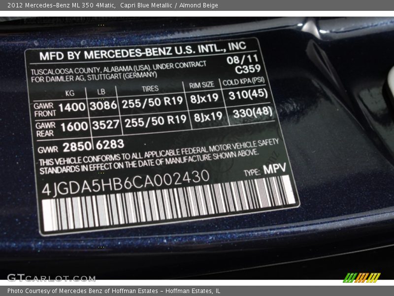 Capri Blue Metallic / Almond Beige 2012 Mercedes-Benz ML 350 4Matic