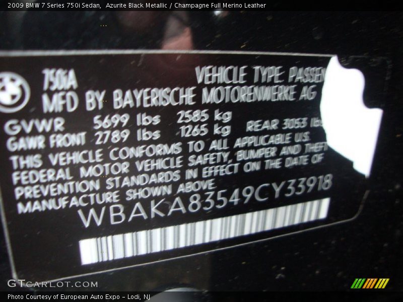 Azurite Black Metallic / Champagne Full Merino Leather 2009 BMW 7 Series 750i Sedan