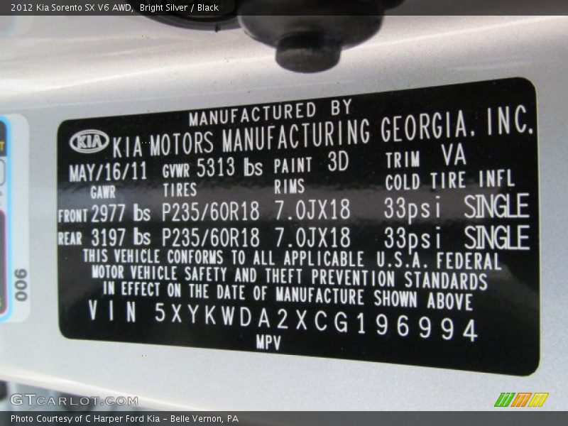 Bright Silver / Black 2012 Kia Sorento SX V6 AWD