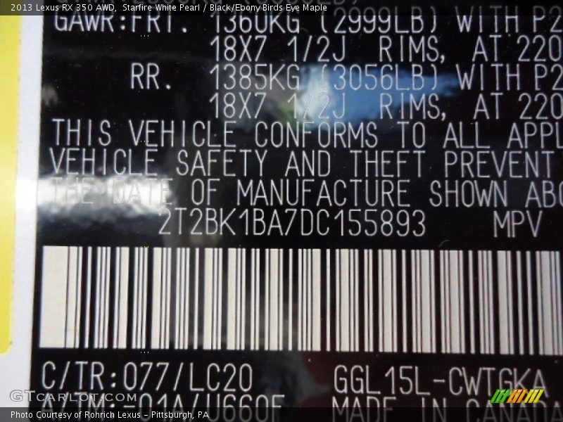 Starfire White Pearl / Black/Ebony Birds Eye Maple 2013 Lexus RX 350 AWD