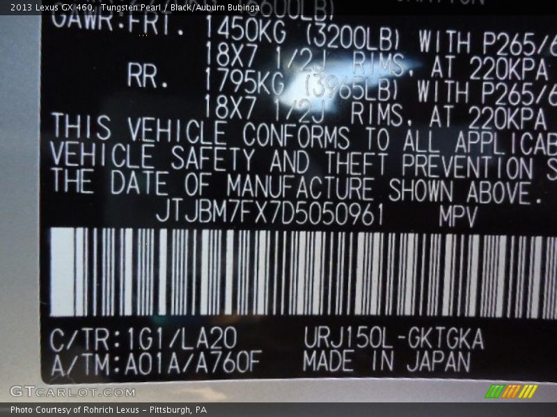 Tungsten Pearl / Black/Auburn Bubinga 2013 Lexus GX 460