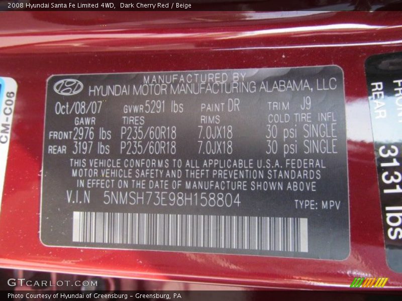 Dark Cherry Red / Beige 2008 Hyundai Santa Fe Limited 4WD